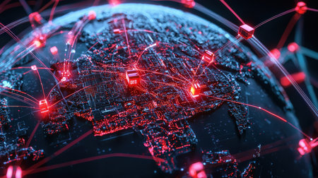 Brightly glowing network connecting major cities on a dark globe, ideal for international brandingの素材