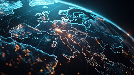 Digital world map with lighted network nodes, ideal for international reach conceptsの素材
