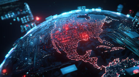 Network lights intersecting on a digital earth, high-res image for global connectivity brandingの素材