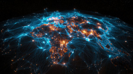 Digital map lit by global network connections, high-quality image for branding useの素材
