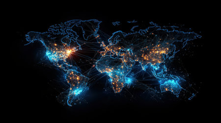 Network lights tracing a map of the world with nodes and paths, high-resolution branding imageの素材