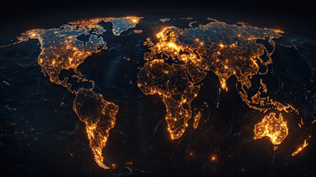Glow from network trails covering an abstract world map, ideal for global commerce brandingの素材