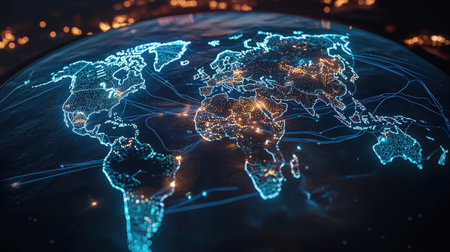 World map illuminated by blue network lines, ideal for global business and communicationsの素材
