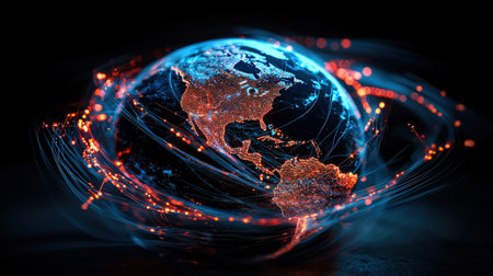Network lights intersecting on a digital earth, high-res image for global connectivity brandingの素材