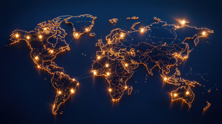 Network lights tracing a map of the world with nodes and paths, high-resolution branding imageの素材