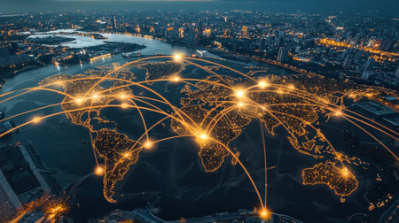 Network lights connecting a digital world map, ideal for showcasing tech and global reachの素材
