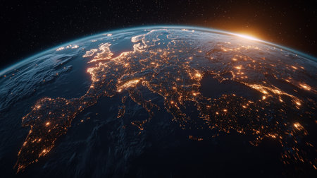 City lights on a global map connected by glowing network trails, high quality for tech and connectivity brandingの素材