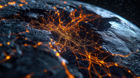 Bright network paths and nodes on a 3D digital earth, high-resolution for global brandingの素材