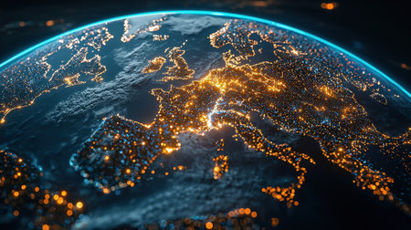 World map outline with glowing blue network lights, high-resolution design for global communications brandingの素材