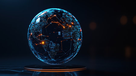 Futuristic lights tracing network paths around a rotating globe, ideal for global reach brandingの素材