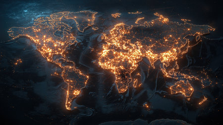 Global network lights forming a bright, connected grid across continents, perfect for tech and international brandingの素材
