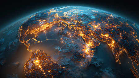Close-up of glowing network paths across continents, high-res image for international brandingの素材
