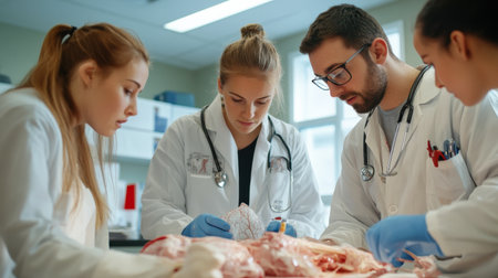 a student using a scalpel to dissect muscle tissue in an anatomy lab of human simulator Medical students surgeryの素材