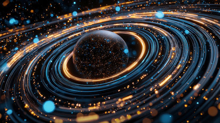 Network of light trails circling a 3D globe, ideal for international or tech brandingの素材