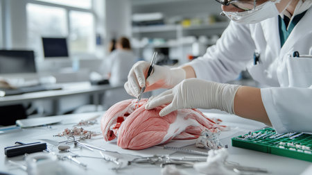 a student using a scalpel to dissect muscle tissue in an anatomy lab of human simulator Medical students surgeryの素材