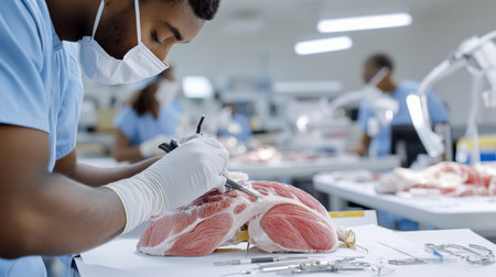 a student using a scalpel to dissect muscle tissue in an anatomy lab of human simulator Medical students surgeryの素材