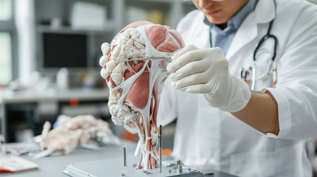 a student using a scalpel to dissect muscle tissue in an anatomy lab of human simulator Medical students surgeryの素材