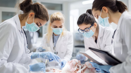 Medical students in surgical masks and gloves, collaborating on a dissection, with anatomy textbooks open nearbyの素材