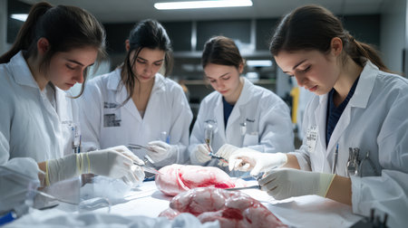 Students in an anatomy lab, using scalpels and forceps to carefully dissect and examine organsの素材