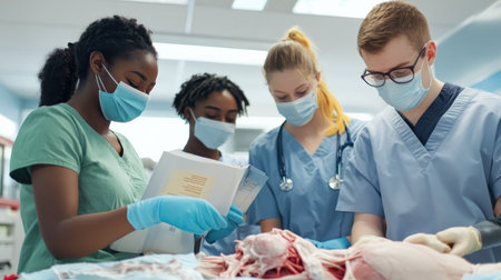Medical students in surgical masks and gloves, collaborating on a dissection, with anatomy textbooks open nearbyの素材