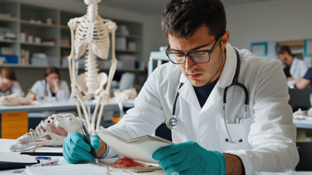 Medical student taking notes while observing a dissection procedure in an anatomy labの素材