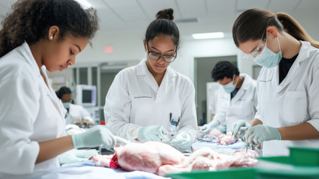 Students in an anatomy lab, using scalpels and forceps to carefully dissect and examine organsの素材