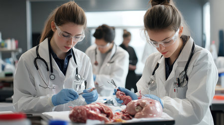 Students in an anatomy lab, using scalpels and forceps to carefully dissect and examine organsの素材
