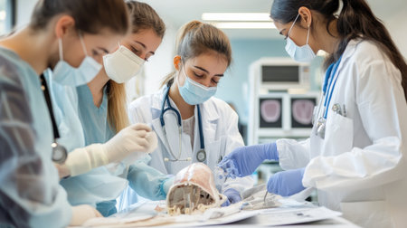 Medical students in surgical masks and gloves, collaborating on a dissection, with anatomy textbooks open nearbyの素材