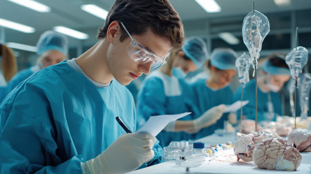 Medical student taking notes while observing a dissection procedure in an anatomy labの素材