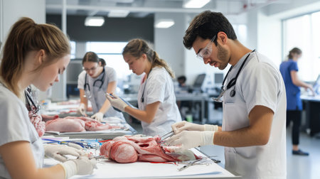 Students in an anatomy lab, using scalpels and forceps to carefully dissect and examine organsの素材