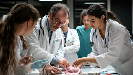 Instructor guiding medical students through a dissection, pointing out key anatomical featuresの素材