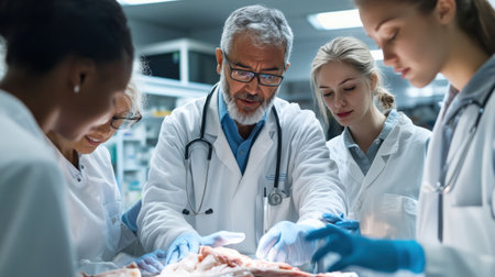 Instructor guiding medical students through a dissection, pointing out key anatomical featuresの素材