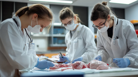 Students in an anatomy lab, using scalpels and forceps to carefully dissect and examine organsの素材