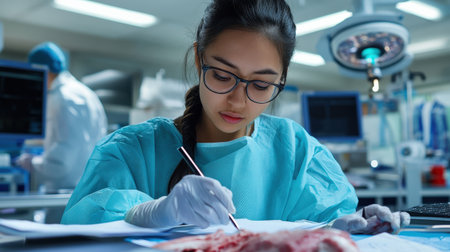 Medical student taking notes while observing a dissection procedure in an anatomy labの素材