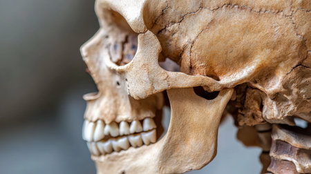 Close-up of a human skull showing key evolutionary traits.の素材