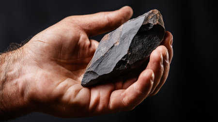 An ancient stone tool being held in a modern human hand.の素材
