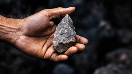 An ancient stone tool being held in a modern human hand.の素材