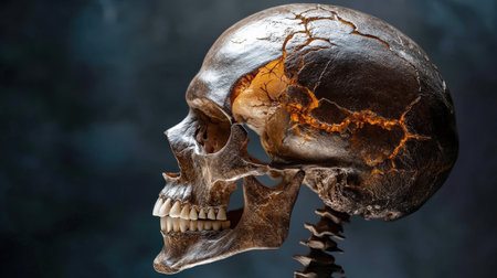 Close-up of a human skull showing key evolutionary traits.の素材
