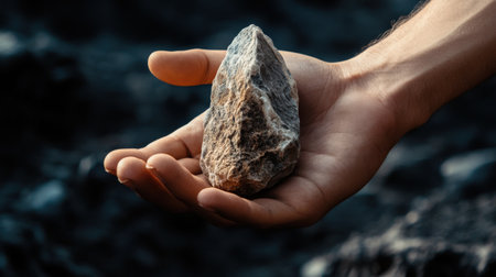 An ancient stone tool being held in a modern human hand.の素材