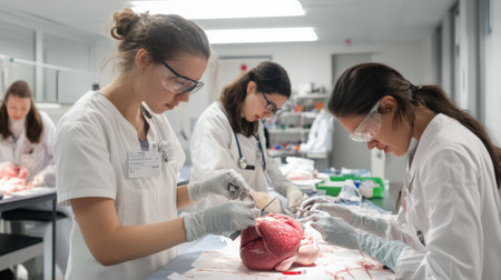 Students in an anatomy lab, using scalpels and forceps to carefully dissect and examine organsの素材