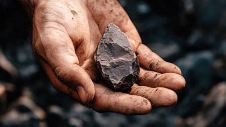 An ancient stone tool being held in a modern human hand.の素材