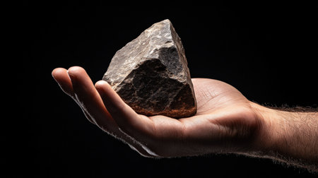 An ancient stone tool being held in a modern human hand.の素材