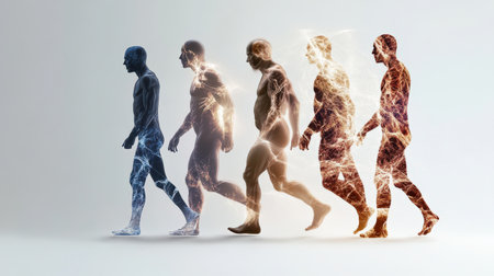 Human evolution illustrated through a sequence of walking figures.の素材