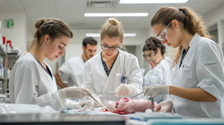 Students in an anatomy lab, using scalpels and forceps to carefully dissect and examine organsの素材