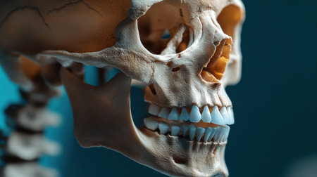 Close-up of a human skull showing key evolutionary traits.の素材