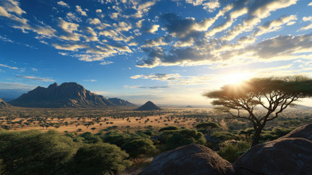 A panoramic view of the African landscape, where early humans evolvedの素材