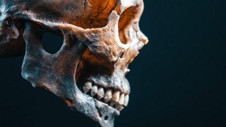 Close-up of a human skull showing key evolutionary traits.の素材