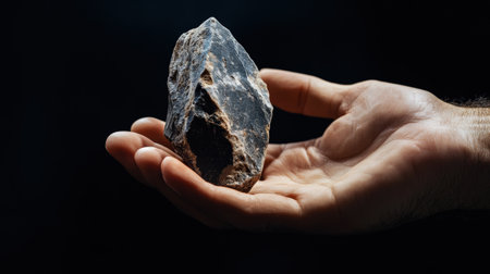 An ancient stone tool being held in a modern human hand.の素材