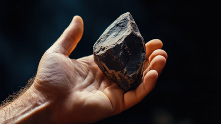 An ancient stone tool being held in a modern human hand.の素材