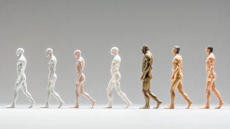 Human evolution illustrated through a sequence of walking figures.の素材